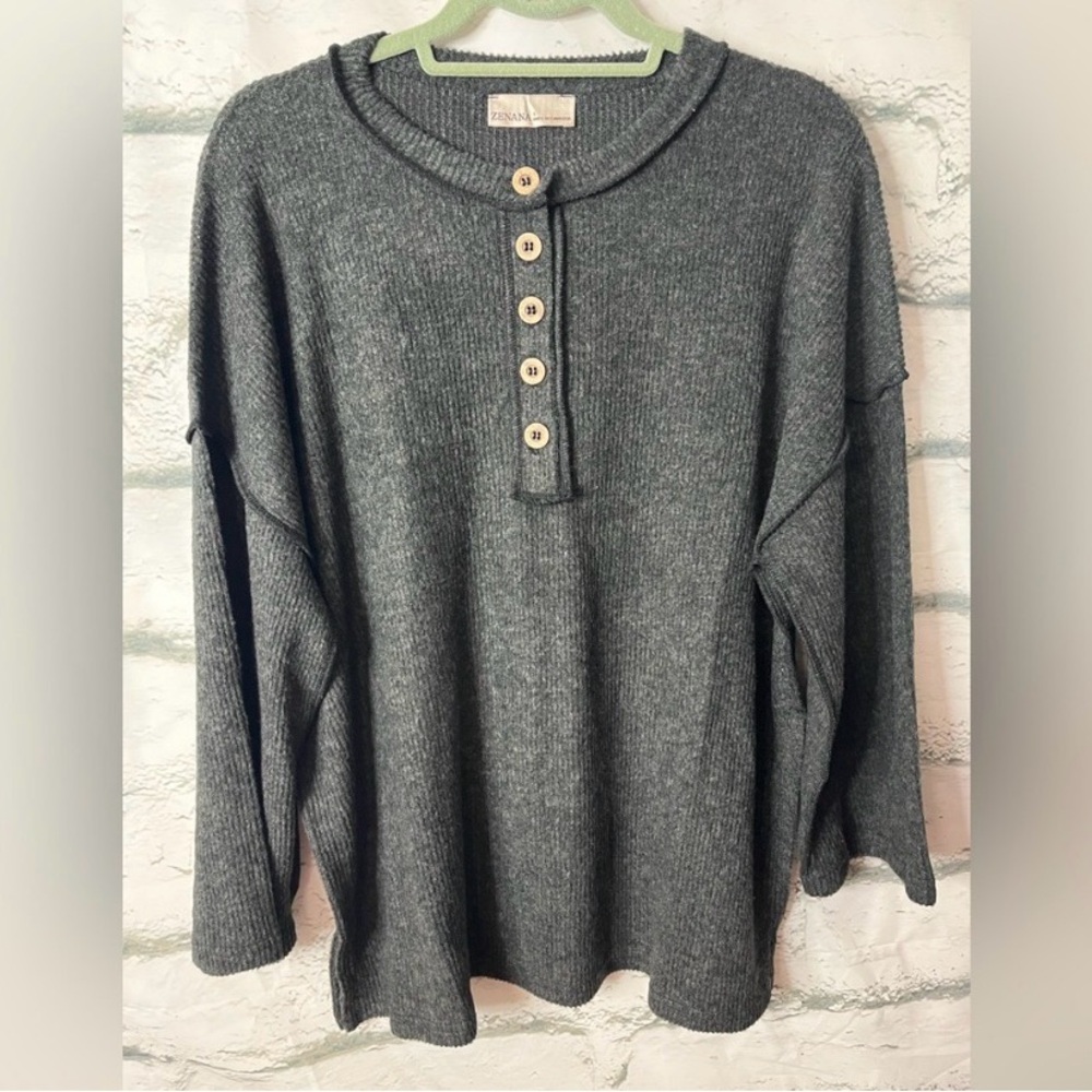NWOT Zenana Ribbed Brushed Melange Hacci Henley Top - Dark Gray